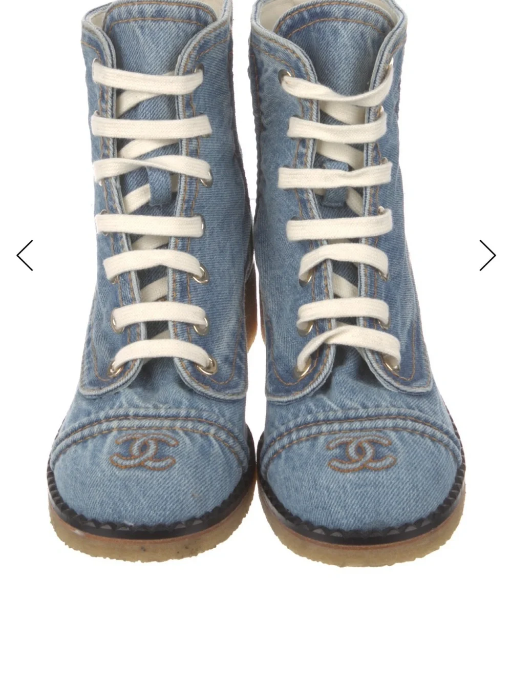 CHANEL Light Blue Denim Lace-Up Ankle Boots with CC Embroidery
